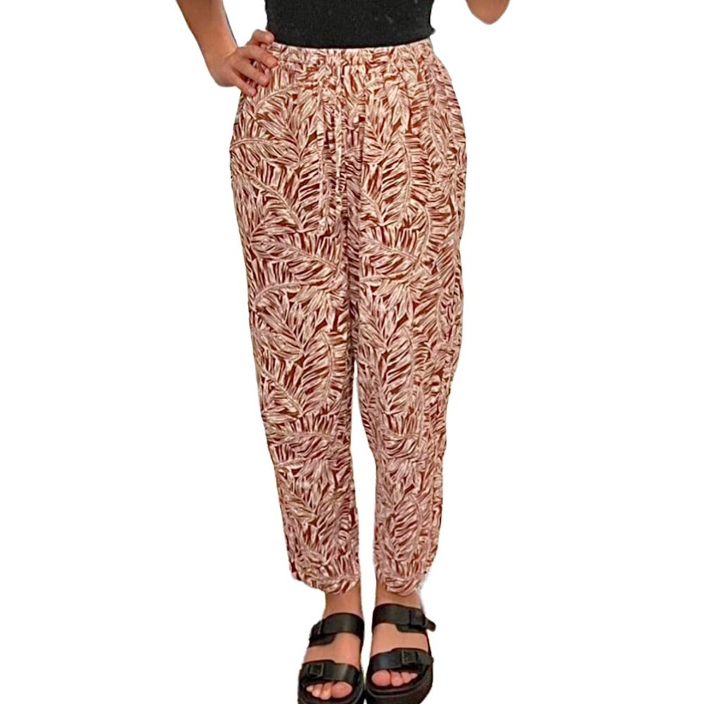 NWOT Wild Fable Linen Maroon Tropical Print Elastic Waist Tapered Leg Pants XS